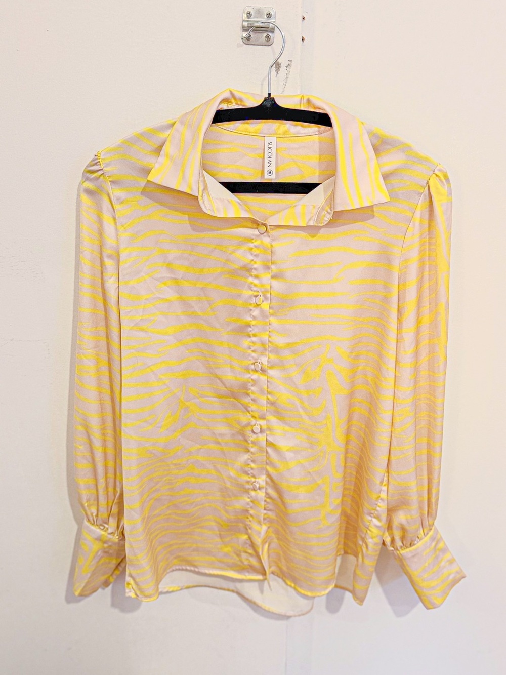 Yellow Zebra-Stripe Satin Button-Down Shirt